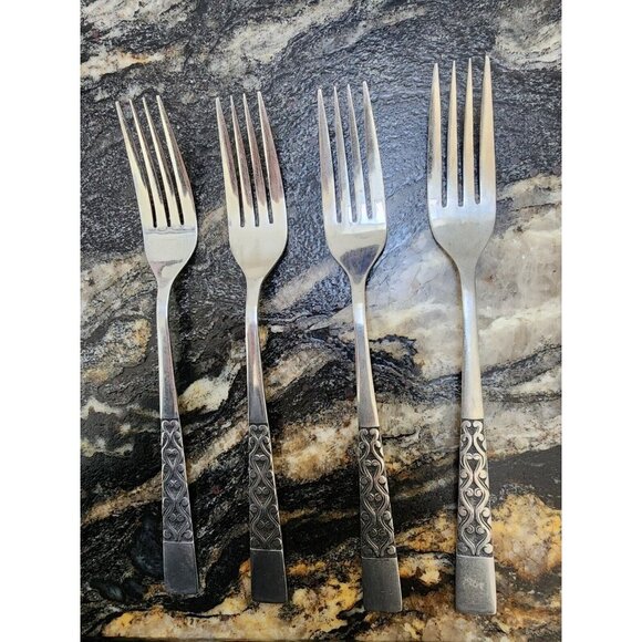 4 Dinner Fork National Intermezzo Glossy Stainless Scrolls Korea VINTAGE - Picture 1 of 3